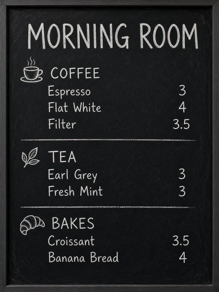Example output for Cafe Menu Board With Three Sections