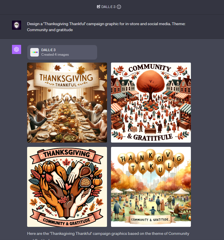 Thanksgiving campaign graphics generated by DALL-E 3