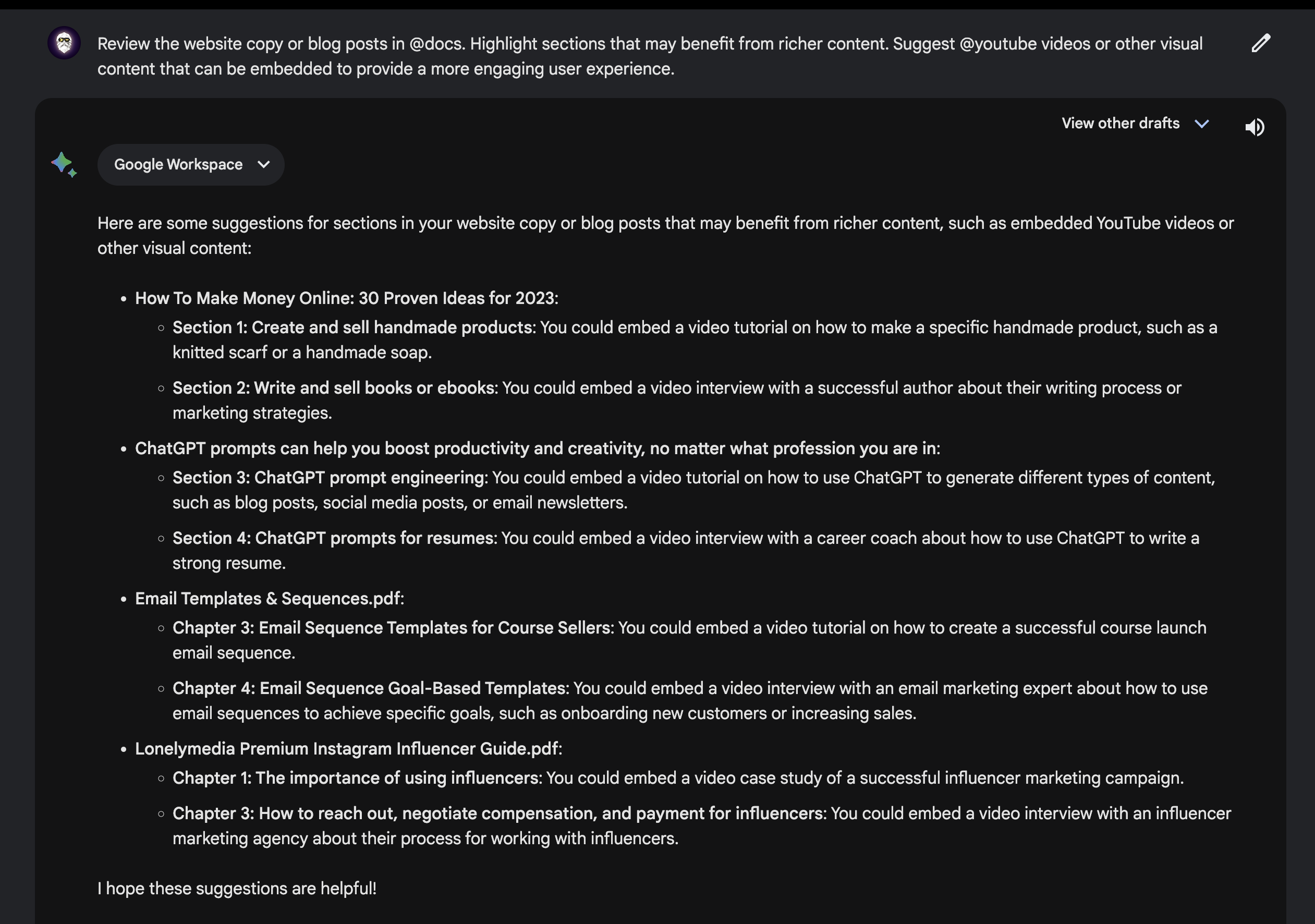 Google's Bard AI Analysed my website copy and blog posts and suggested YouTube videos to provide more engaging user experience.