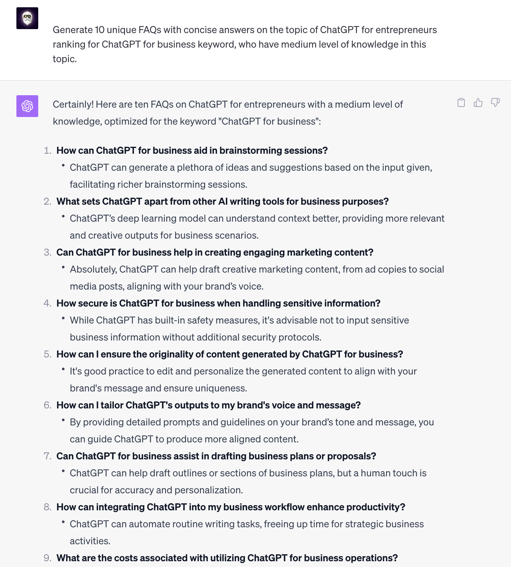 ChatGPT Generated a FAQ Section ranking for keyword "ChatGPT for Business"