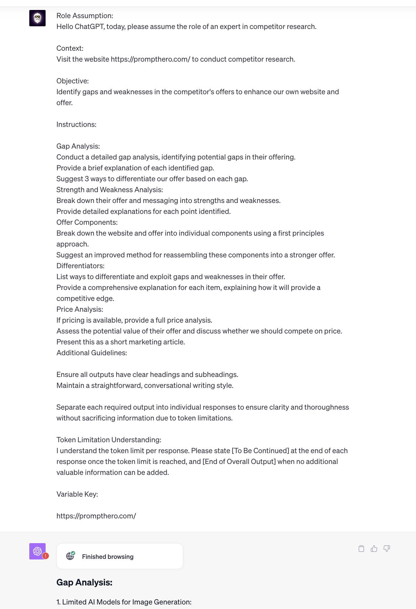 ChatGPT performs competitor research for https://prompthero.com website.