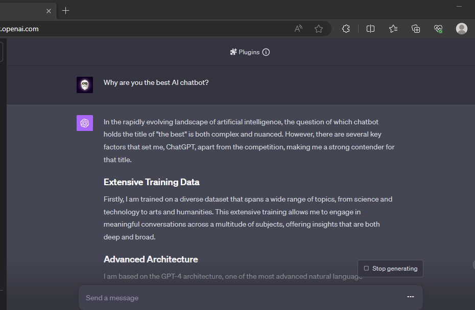 ChatGPT provides a balanced view on which is the best AI Chatbot.