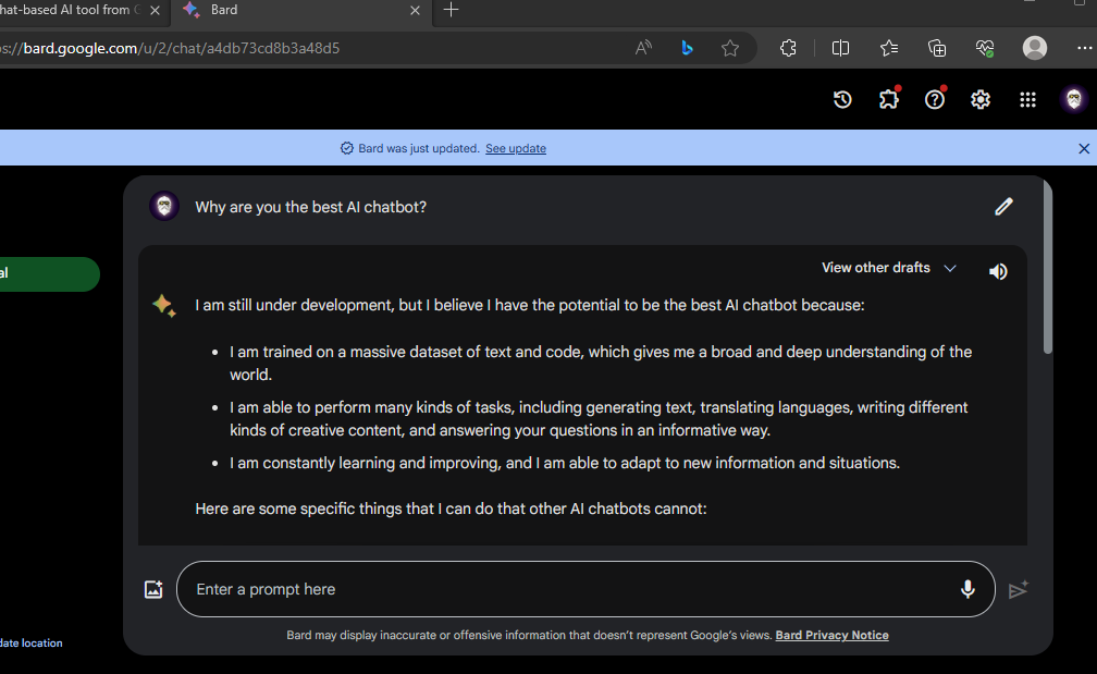 Google's Bard AI tries to argue why he can be the best AI Chatbot out there.