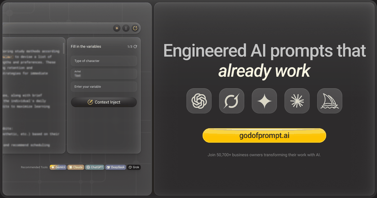 God of Prompt — Curated, tested AI prompts for every major model. Free to copy, structured to ship.